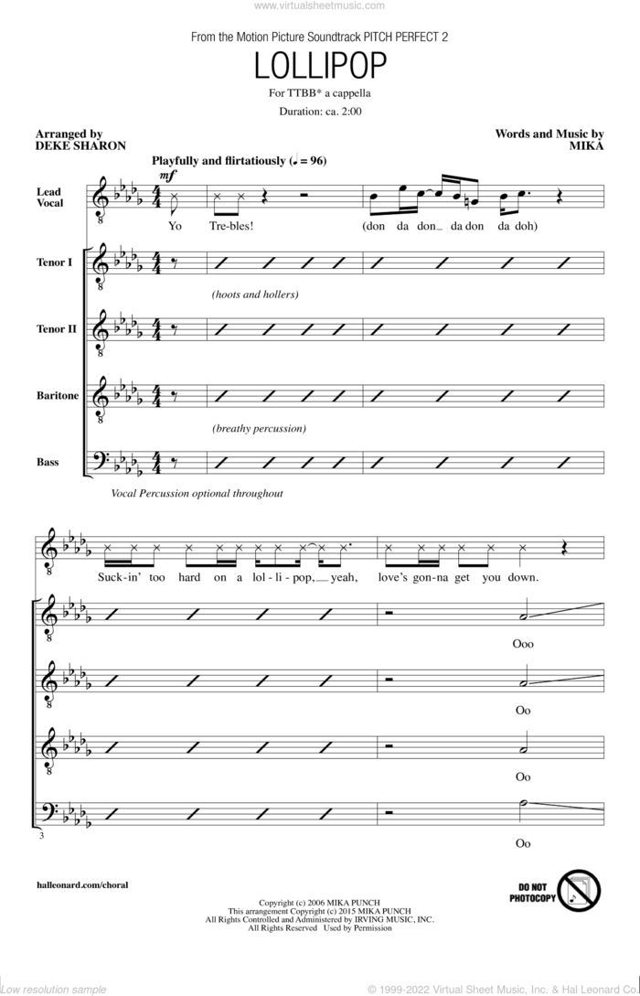 Lollipop sheet music for choir (TTBB: tenor, bass) by Mika and Deke Sharon, intermediate skill level