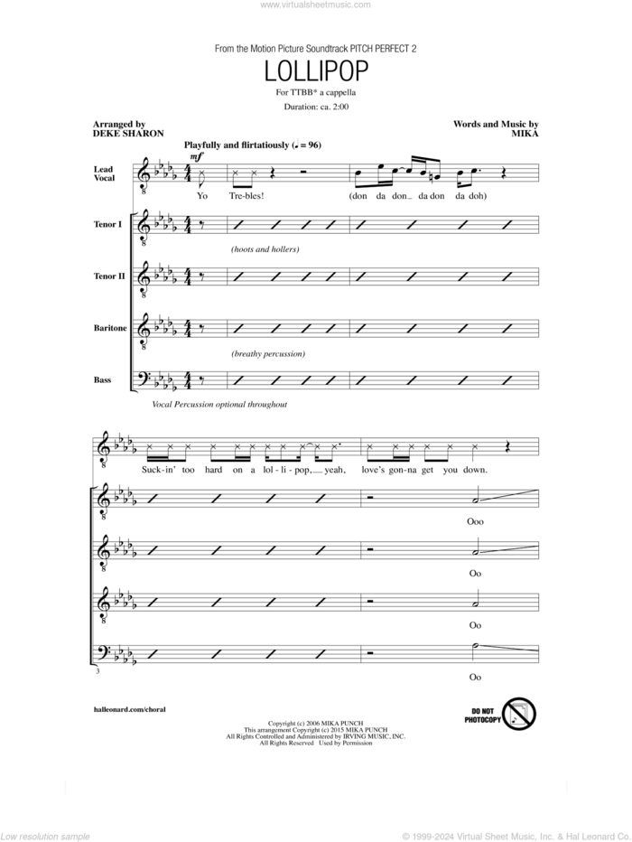 Lollipop sheet music for choir (TTBB: tenor, bass) by Mika and Deke Sharon, intermediate skill level