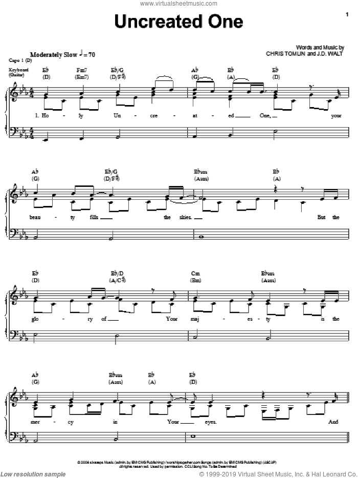 Uncreated One sheet music for voice, piano or guitar by Chris Tomlin and J.D. Walt, intermediate skill level