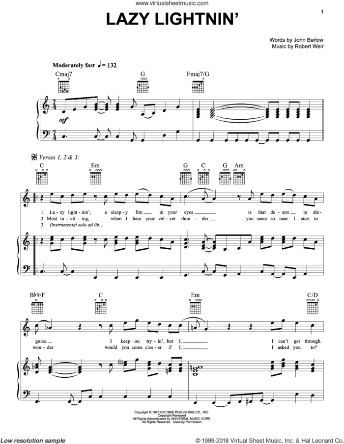 Lazy Lightnin' sheet music for voice, piano or guitar by Grateful Dead, John Barlow and Robert Weir, intermediate skill level