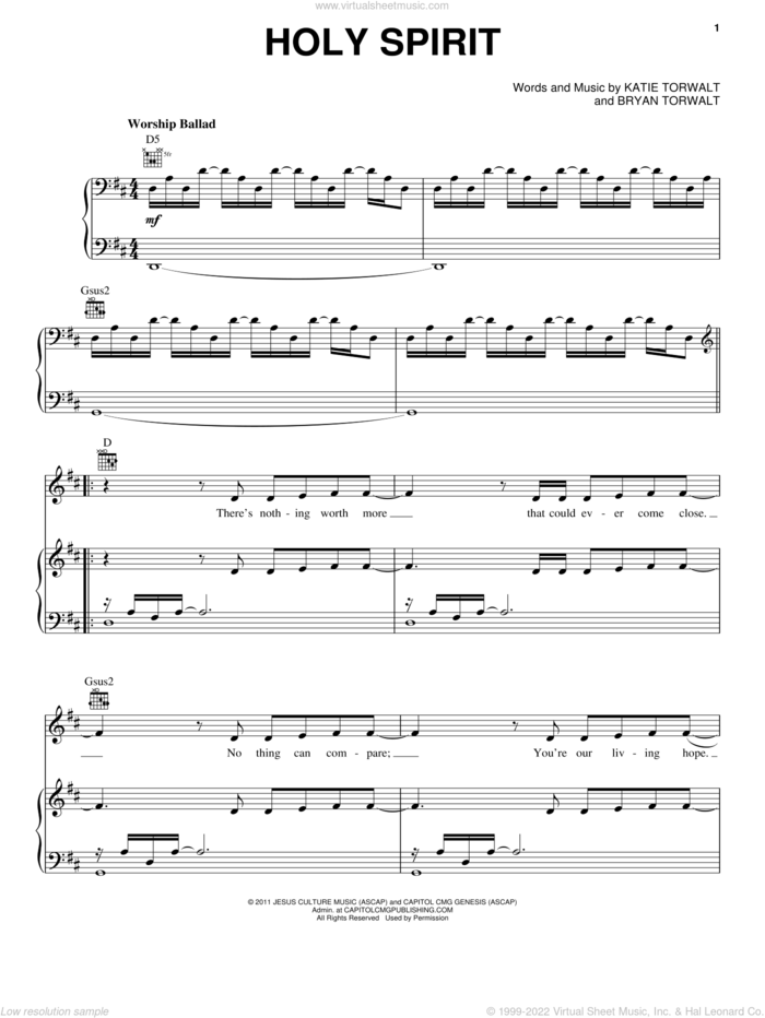 Holy Spirit sheet music for voice, piano or guitar by Francesca Battistelli, Bryan & Katie Torwalt, Bryan Torwalt and Katie Torwalt, intermediate skill level
