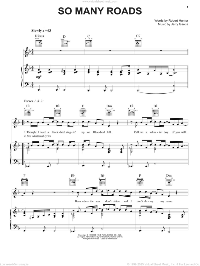 So Many Roads sheet music for voice, piano or guitar by Grateful Dead, Jerry Garcia and Robert Hunter, intermediate skill level