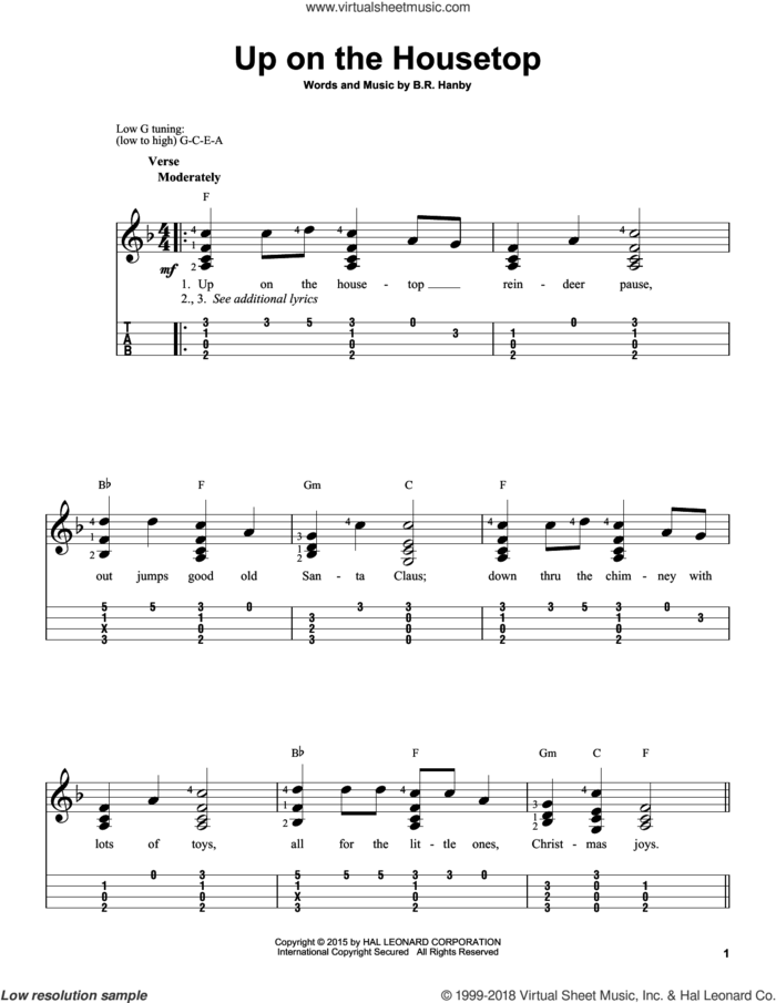 Up On The Housetop sheet music for ukulele (easy tablature) (ukulele easy tab) by Benjamin Hanby, intermediate skill level