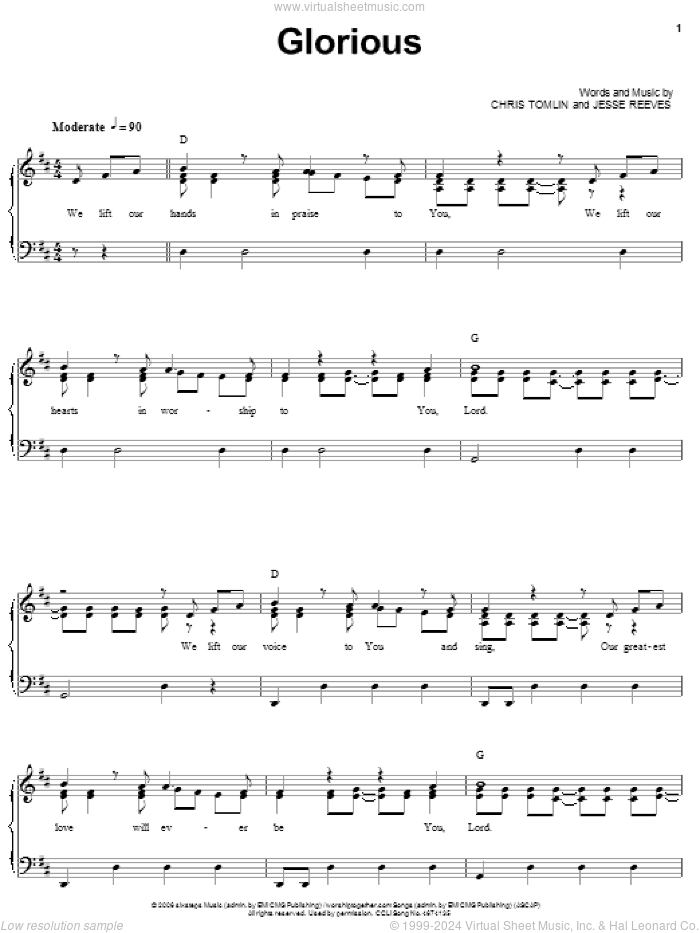 Glorious sheet music for voice, piano or guitar by Chris Tomlin and Jesse Reeves, intermediate skill level