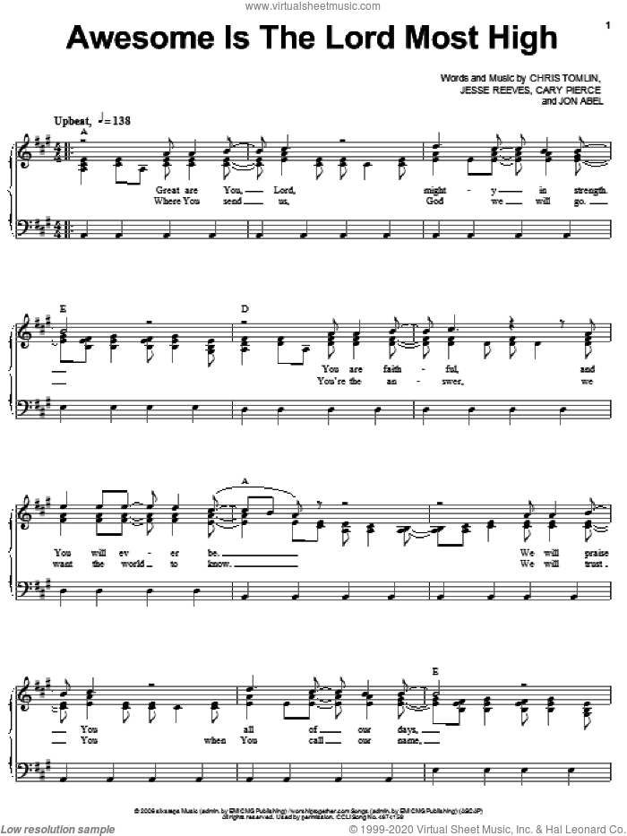 Awesome Is The Lord Most High sheet music for voice, piano or guitar by Chris Tomlin, Brenton Brown, Cary Pierce, Jesse Reeves and Jon Abel, intermediate skill level
