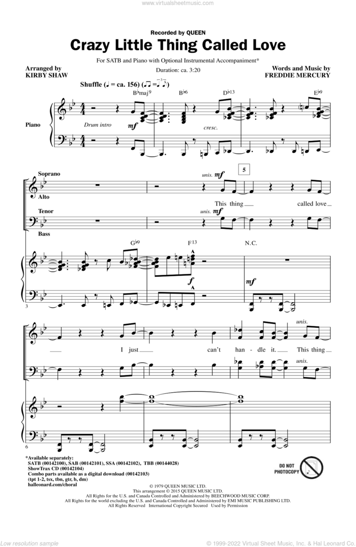 Crazy Little Thing Called Love (arr. Kirby Shaw) sheet music for choir (SATB: soprano, alto, tenor, bass) by Freddie Mercury, Kirby Shaw, Dwight Yoakam and Queen, intermediate skill level