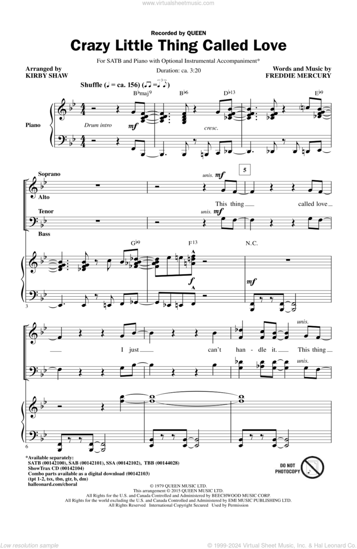 Crazy Little Thing Called Love (arr. Kirby Shaw) sheet music for choir (SATB: soprano, alto, tenor, bass) by Freddie Mercury, Kirby Shaw, Dwight Yoakam and Queen, intermediate skill level