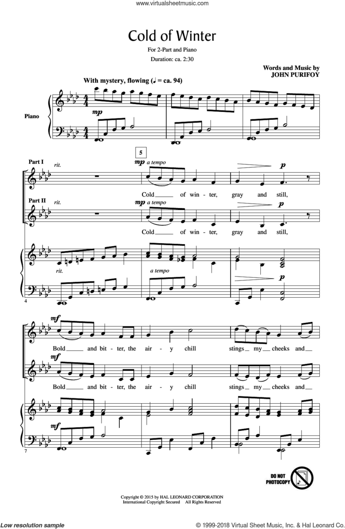 Cold Of Winter sheet music for choir (2-Part) by John Purifoy, intermediate duet