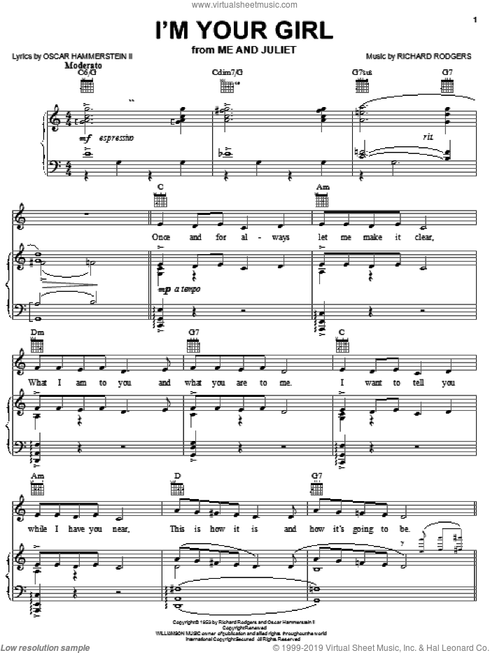 I'm Your Girl sheet music for voice, piano or guitar by Rodgers & Hammerstein, Me And Juliet (Musical), Oscar II Hammerstein and Richard Rodgers, intermediate skill level