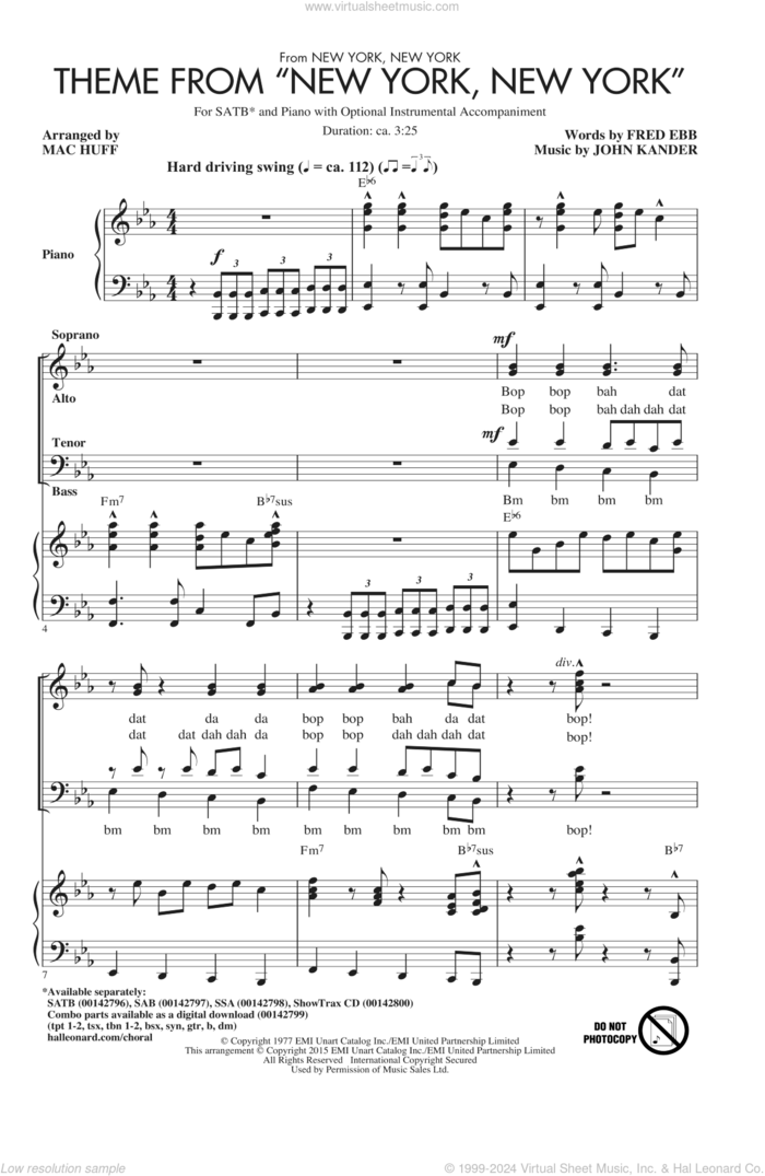 Theme From 'New York, New York' sheet music for choir (SATB: soprano, alto, tenor, bass) by John Kander, Mac Huff, Frank Sinatra, Liza Minnelli and Fred Ebb, intermediate skill level