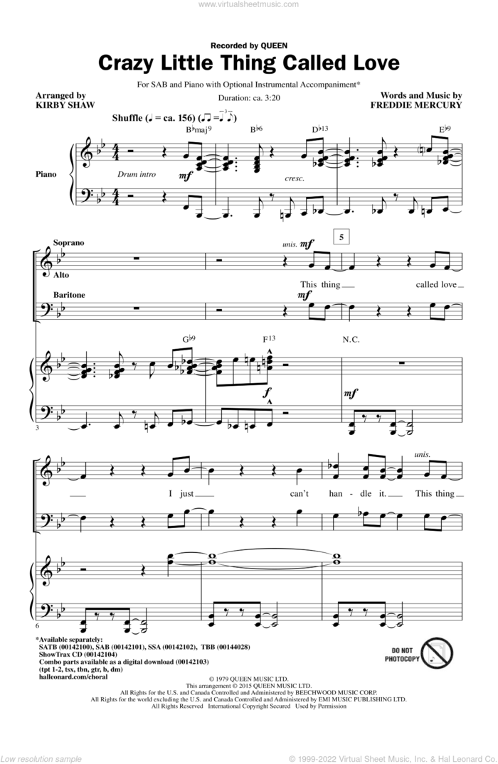Crazy Little Thing Called Love (arr. Kirby Shaw) sheet music for choir (SAB: soprano, alto, bass) by Freddie Mercury, Kirby Shaw, Dwight Yoakam and Queen, intermediate skill level