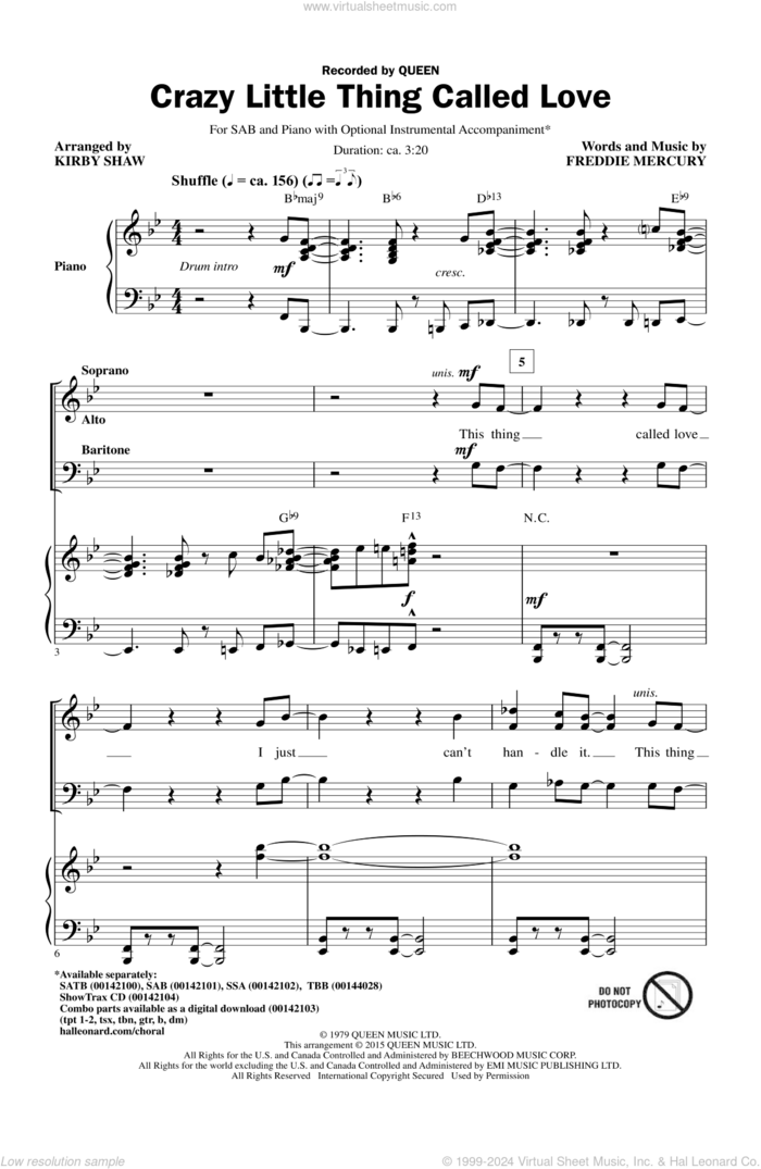 Crazy Little Thing Called Love (arr. Kirby Shaw) sheet music for choir (SAB: soprano, alto, bass) by Freddie Mercury, Kirby Shaw, Dwight Yoakam and Queen, intermediate skill level