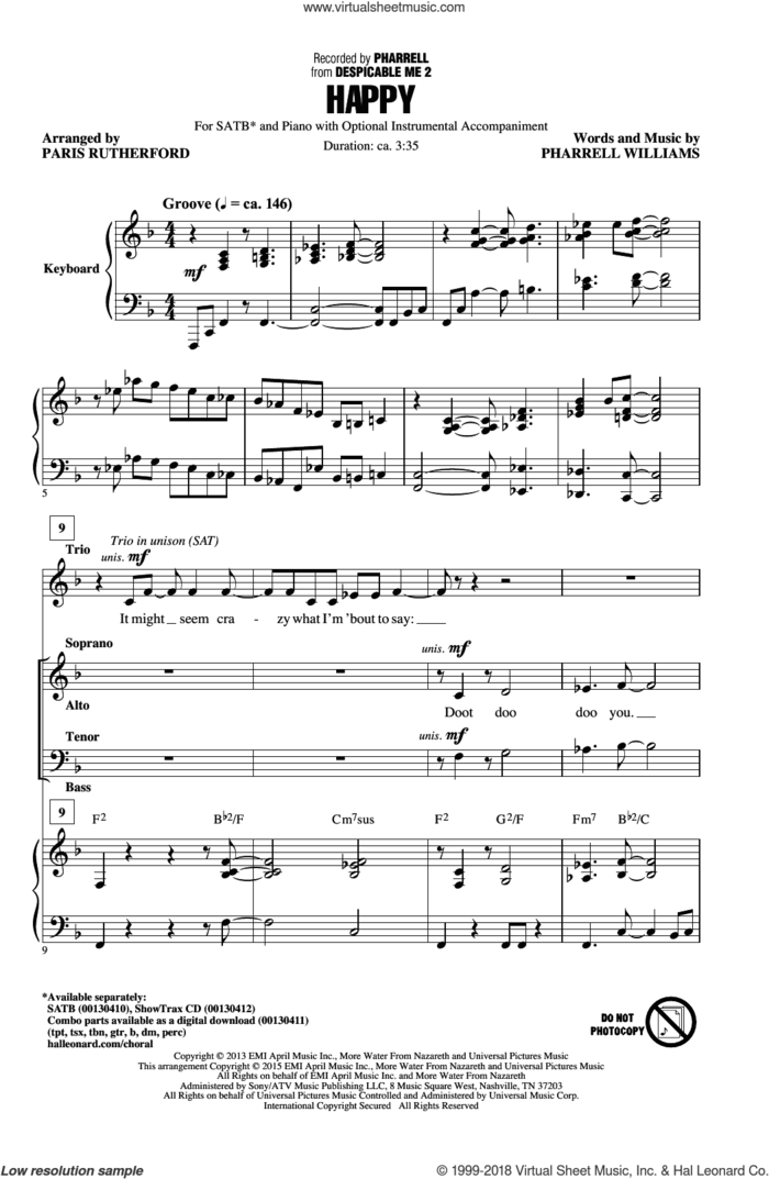 Happy (arr. Paris Rutherford) sheet music for choir (SATB: soprano, alto, tenor, bass) by Pharrell Williams, Paris Rutherford and Pharrell, intermediate skill level