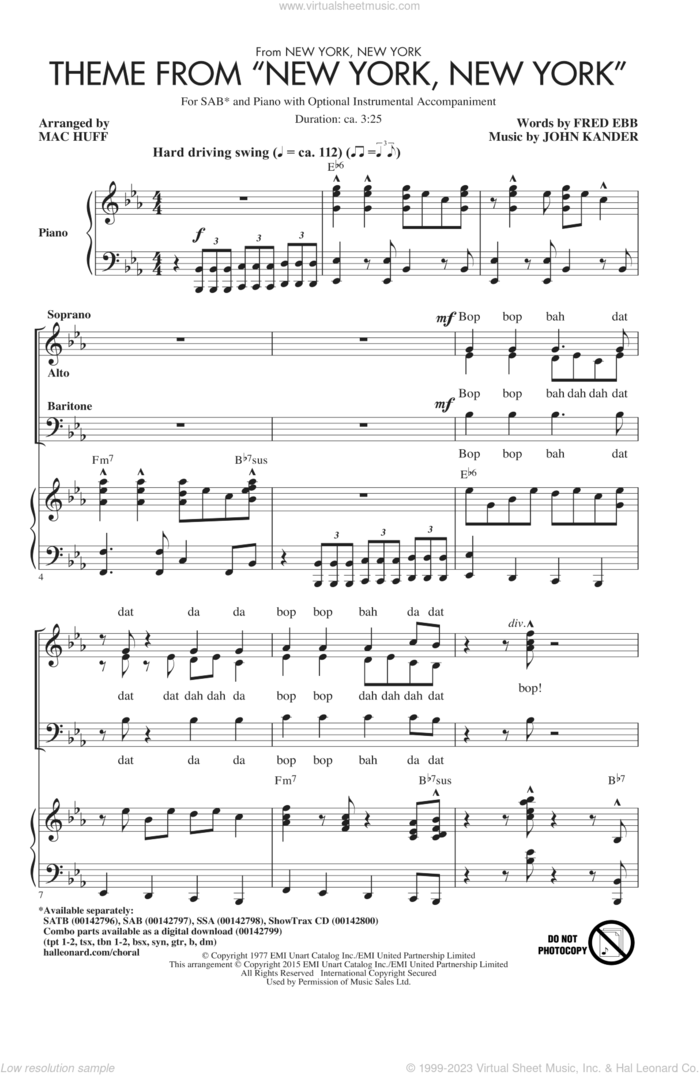 Theme From 'New York, New York' sheet music for choir (SAB: soprano, alto, bass) by John Kander, Mac Huff, Frank Sinatra, Liza Minnelli and Fred Ebb, intermediate skill level