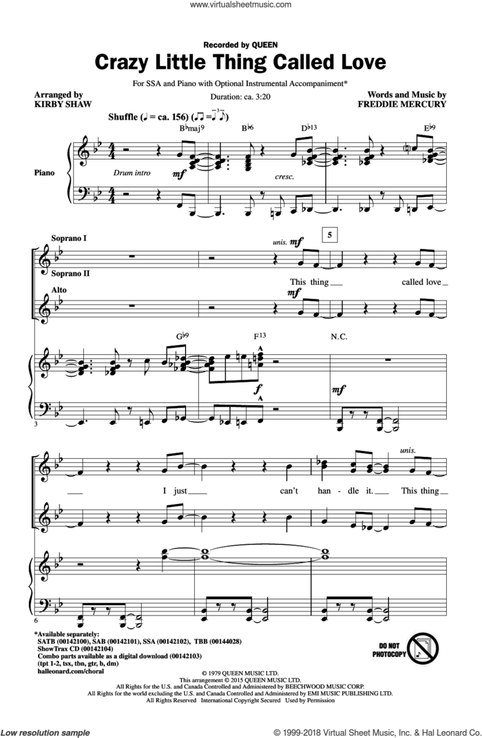 Crazy Little Thing Called Love (arr. Kirby Shaw) sheet music for choir (SSA: soprano, alto) by Freddie Mercury, Kirby Shaw, Dwight Yoakam and Queen, intermediate skill level