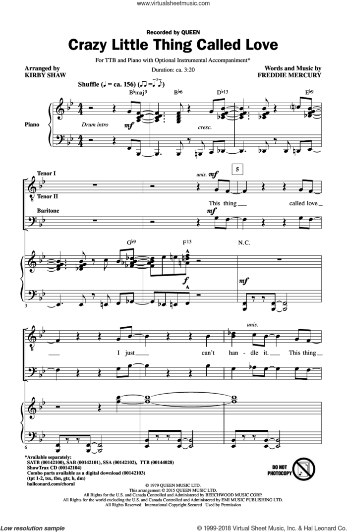 Crazy Little Thing Called Love (arr. Kirby Shaw) sheet music for choir (TBB: tenor, bass) by Freddie Mercury, Kirby Shaw, Dwight Yoakam and Queen, intermediate skill level