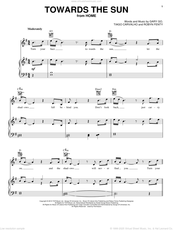 Towards The Sun sheet music for voice, piano or guitar by Rihanna, Gary Go, Robyn Fenty and Tiago Carvalho, intermediate skill level