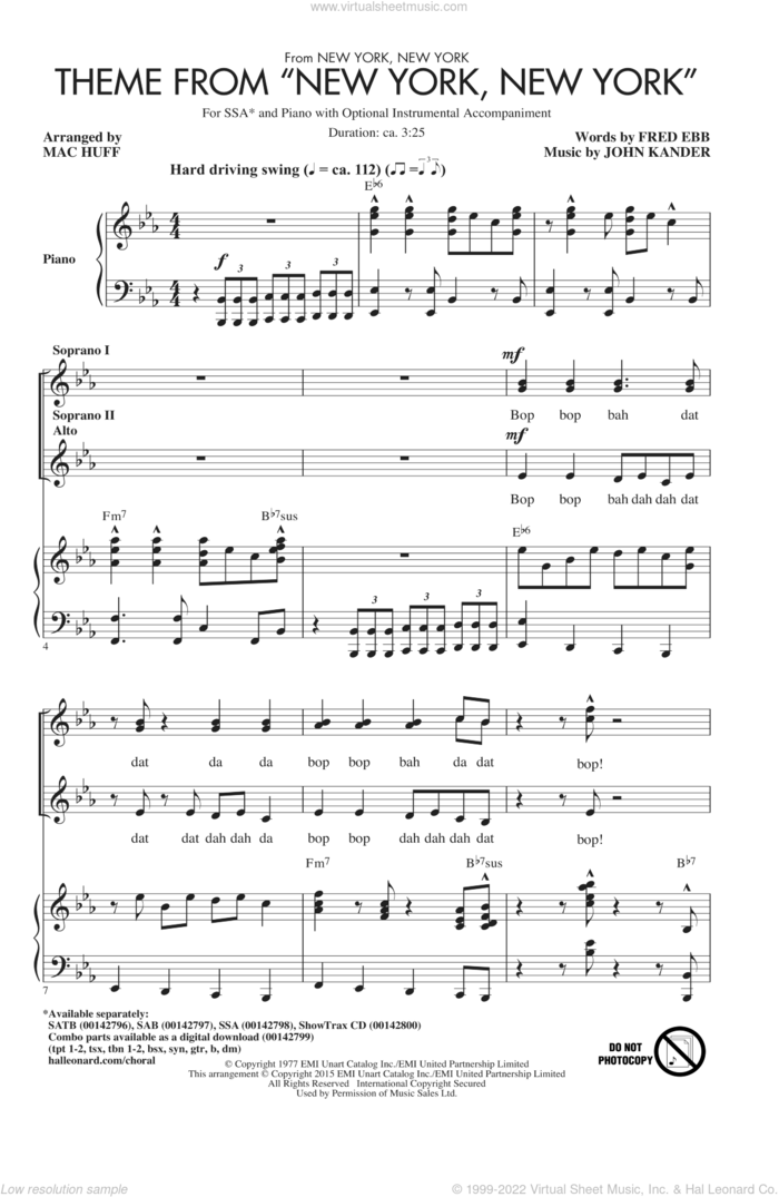 Theme From 'New York, New York' sheet music for choir (SSA: soprano, alto) by John Kander, Mac Huff, Frank Sinatra, Liza Minnelli and Fred Ebb, intermediate skill level