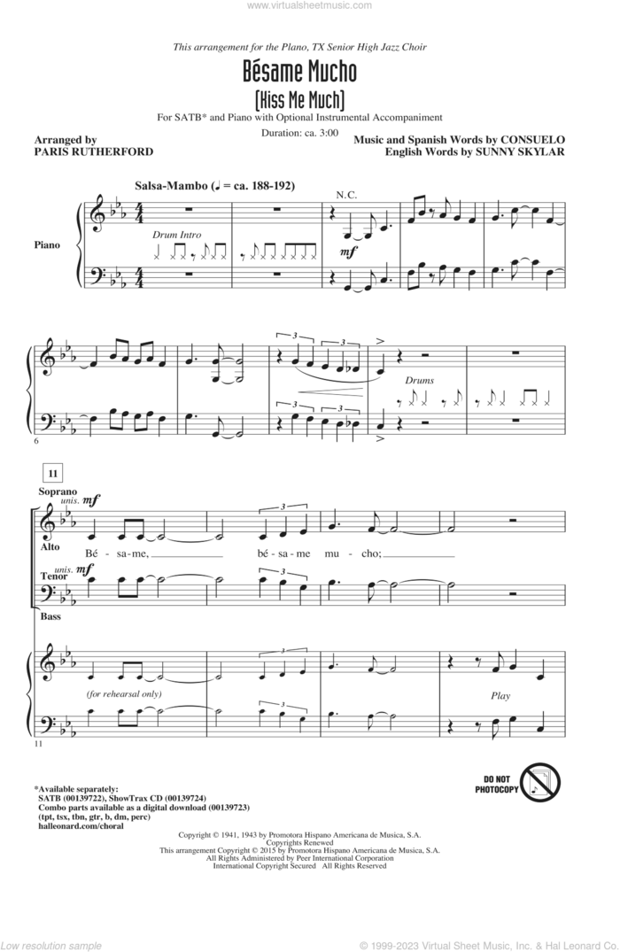Besame Mucho (Kiss Me Much) sheet music for choir (SATB: soprano, alto, tenor, bass) by Consuelo Velazquez, Paris Rutherford, The Beatles, The Coasters, Consuelo Velazquez (Original) and Sunny Skylar (English), intermediate skill level