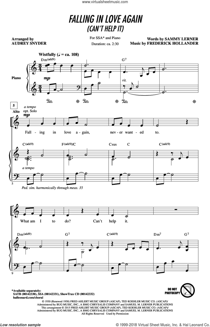 Falling In Love Again (Can't Help It) sheet music for choir (SSA: soprano, alto) by Sammy Lerner, Audrey Snyder, Linda Ronstadt, Marlene Dietrich and Frederick Hollander, intermediate skill level