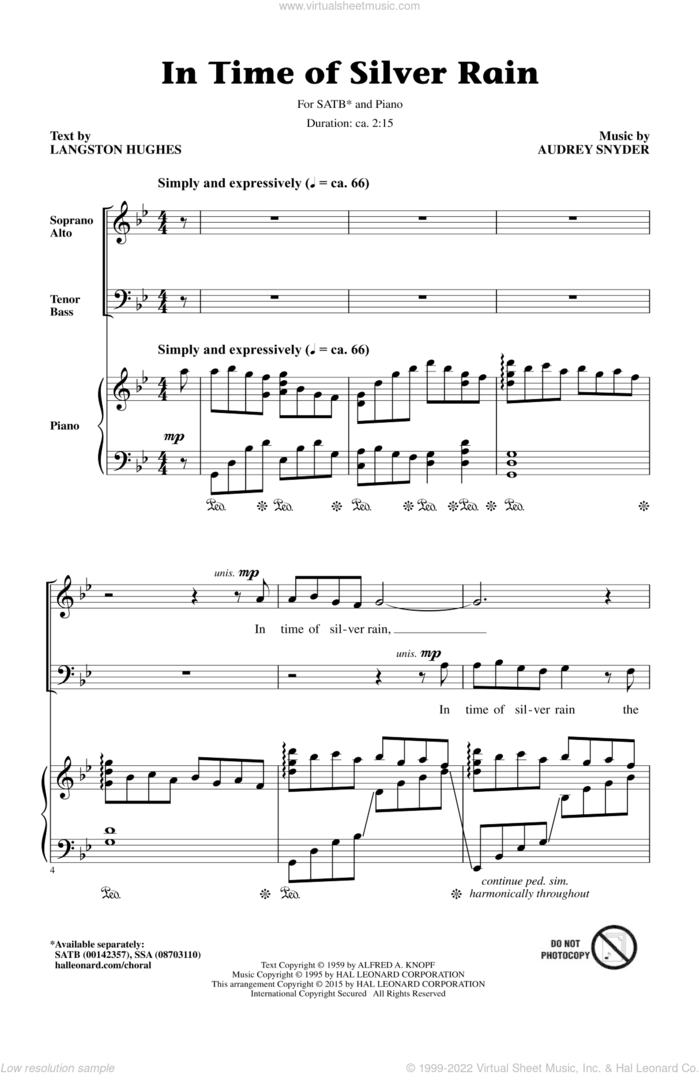 In Time Of Silver Rain sheet music for choir (SATB: soprano, alto, tenor, bass) by Audrey Snyder and Langston Hughes, intermediate skill level