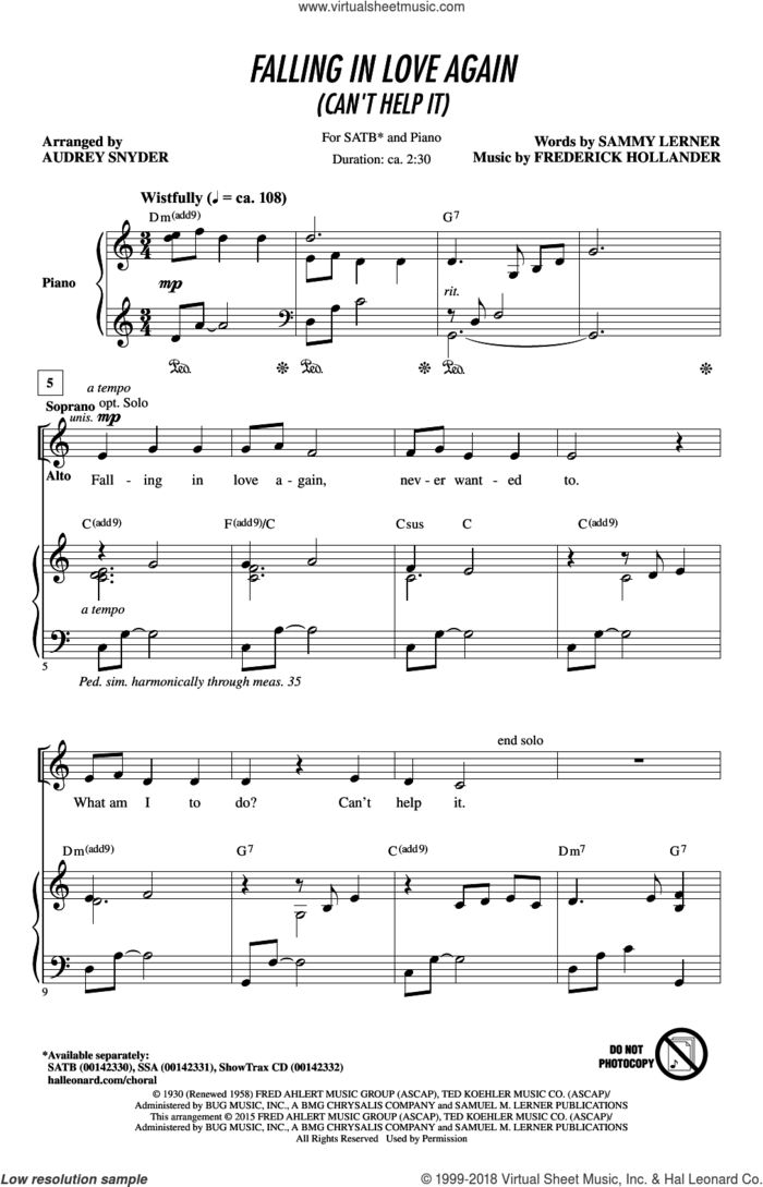 Falling In Love Again (Can't Help It) sheet music for choir (SATB: soprano, alto, tenor, bass) by Sammy Lerner, Audrey Snyder, Linda Ronstadt, Marlene Dietrich and Frederick Hollander, intermediate skill level