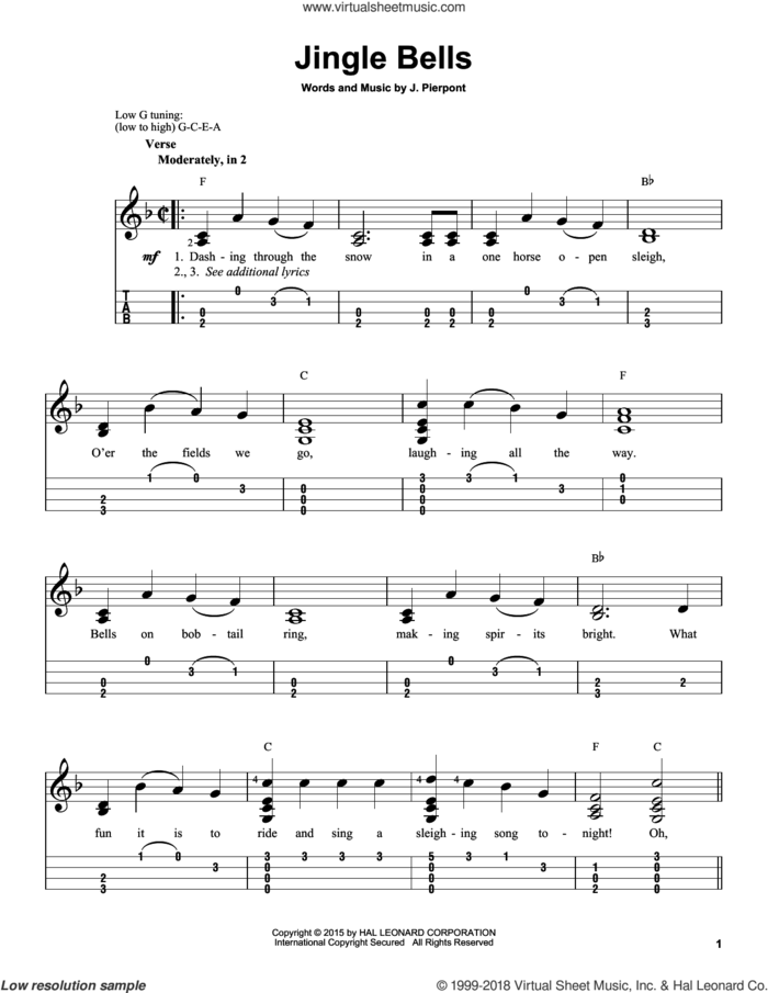 Jingle Bells sheet music for ukulele (easy tablature) (ukulele easy tab) by James Pierpont, intermediate skill level
