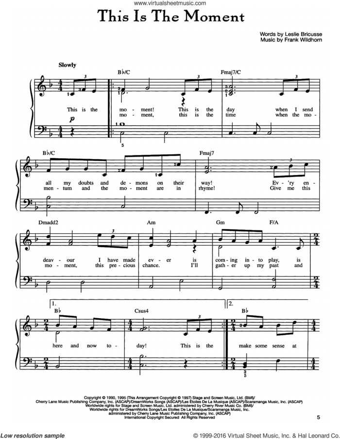 This Is The Moment sheet music for piano solo by Frank Wildhorn and Leslie Bricusse, easy skill level