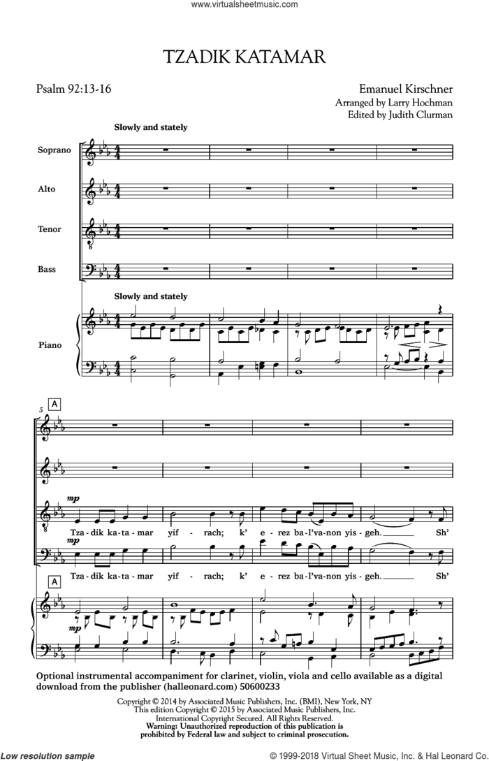 Tzadik Katamar Yifrach sheet music for choir (SATB: soprano, alto, tenor, bass) by Judith Clurman and Emanuel Kirschner, intermediate skill level