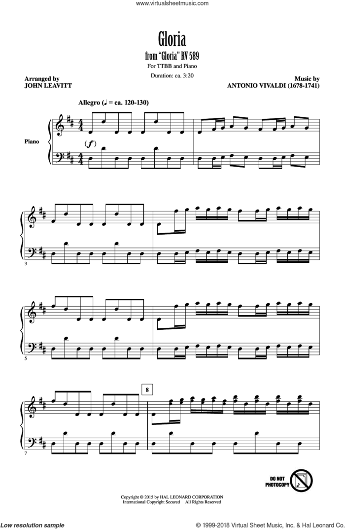 Gloria In Excelsis sheet music for choir (TTBB: tenor, bass) by John Leavitt and Antonio Vivaldi, wedding score, intermediate skill level