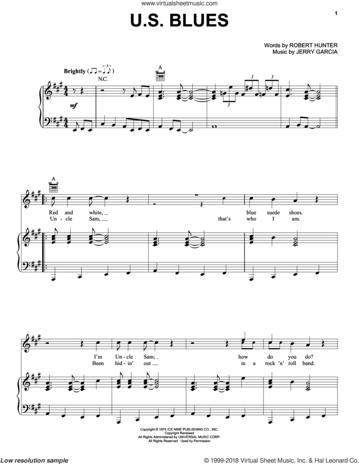 U.S. Blues sheet music for voice, piano or guitar by Grateful Dead, Jerry Garcia and Robert Hunter, intermediate skill level