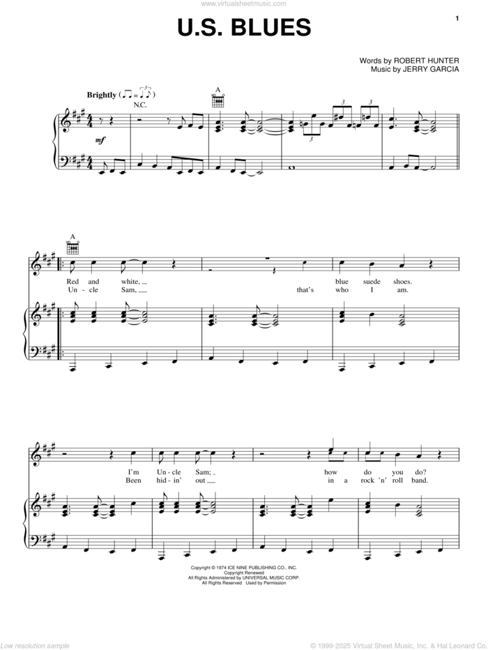 U.S. Blues sheet music for voice, piano or guitar by Grateful Dead, Jerry Garcia and Robert Hunter, intermediate skill level