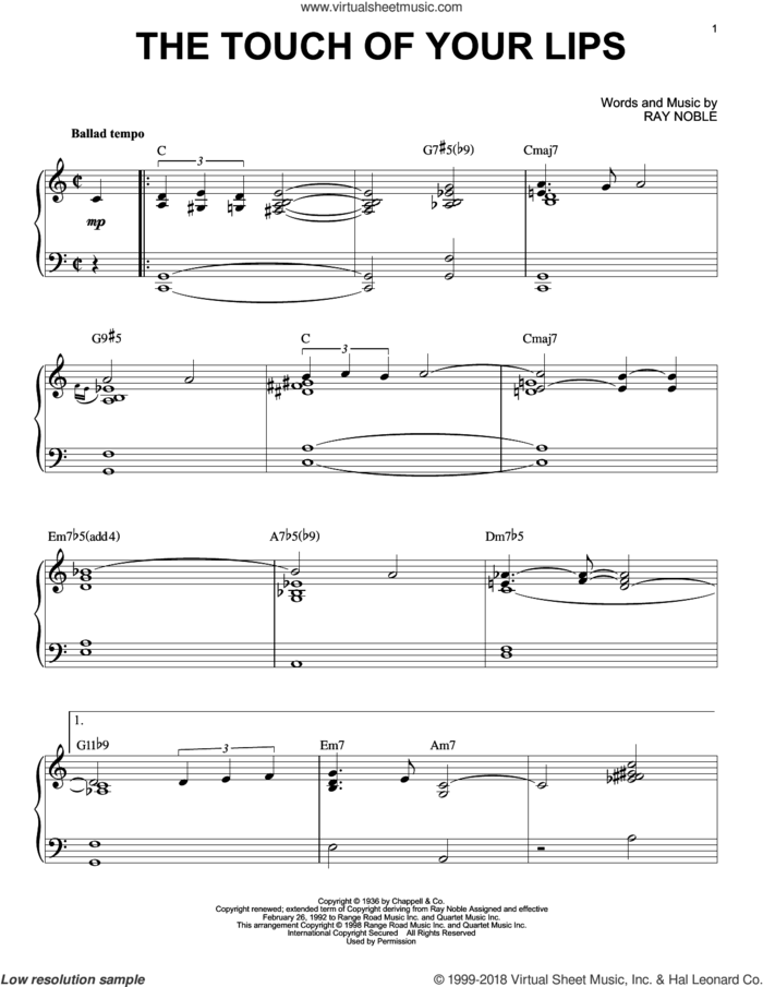 The Touch Of Your Lips sheet music for piano solo by Ray Noble, intermediate skill level