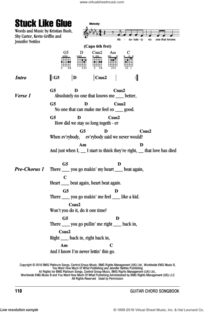 Stuck Like Glue sheet music for guitar (chords) by Sugarland, Jennifer Nettles, Kevin Griffin, Kristian Bush and Shy Carter, intermediate skill level