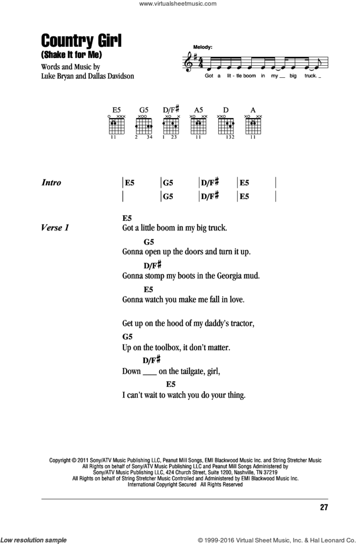 Country Girl (Shake It For Me) sheet music for guitar (chords) by Luke Bryan and Dallas Davidson, intermediate skill level