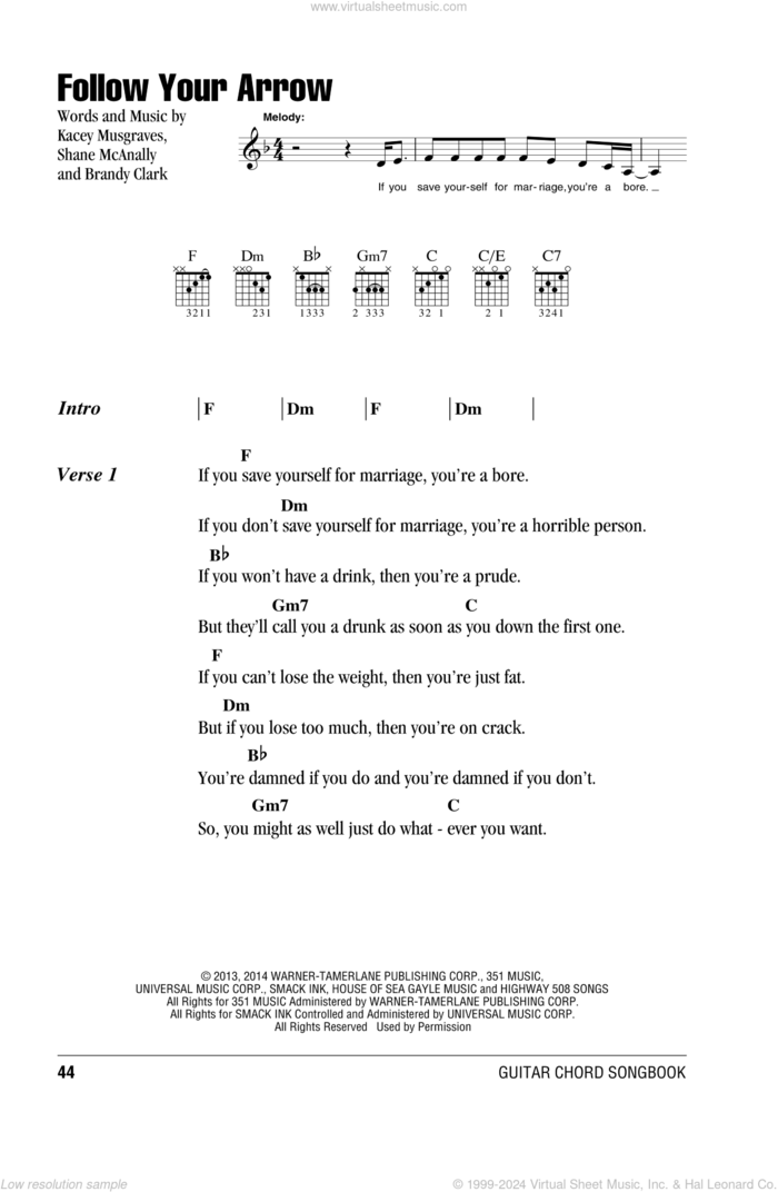 Follow Your Arrow sheet music for guitar (chords) by Kacey Musgraves, Brandy Clark and Shane McAnally, intermediate skill level