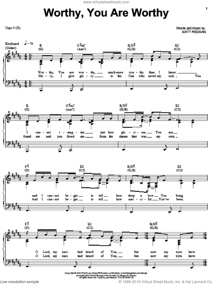 Worthy, You Are Worthy sheet music for voice, piano or guitar by Matt Redman, intermediate skill level