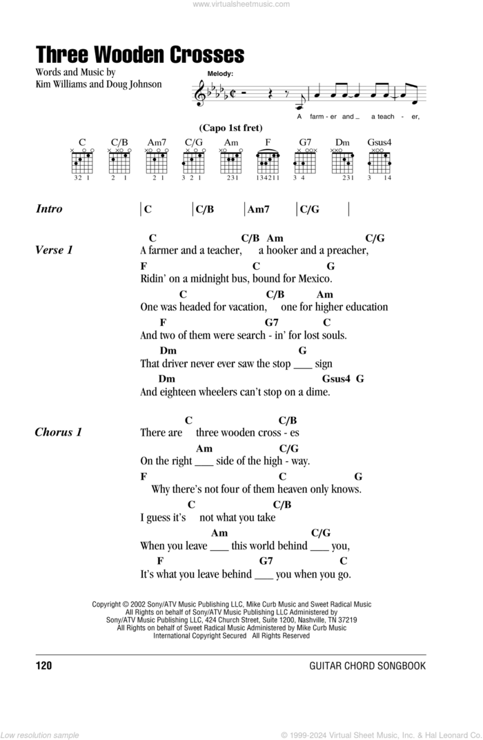 Three Wooden Crosses sheet music for guitar (chords) by Randy Travis, Doug Johnson and Kim Williams, intermediate skill level