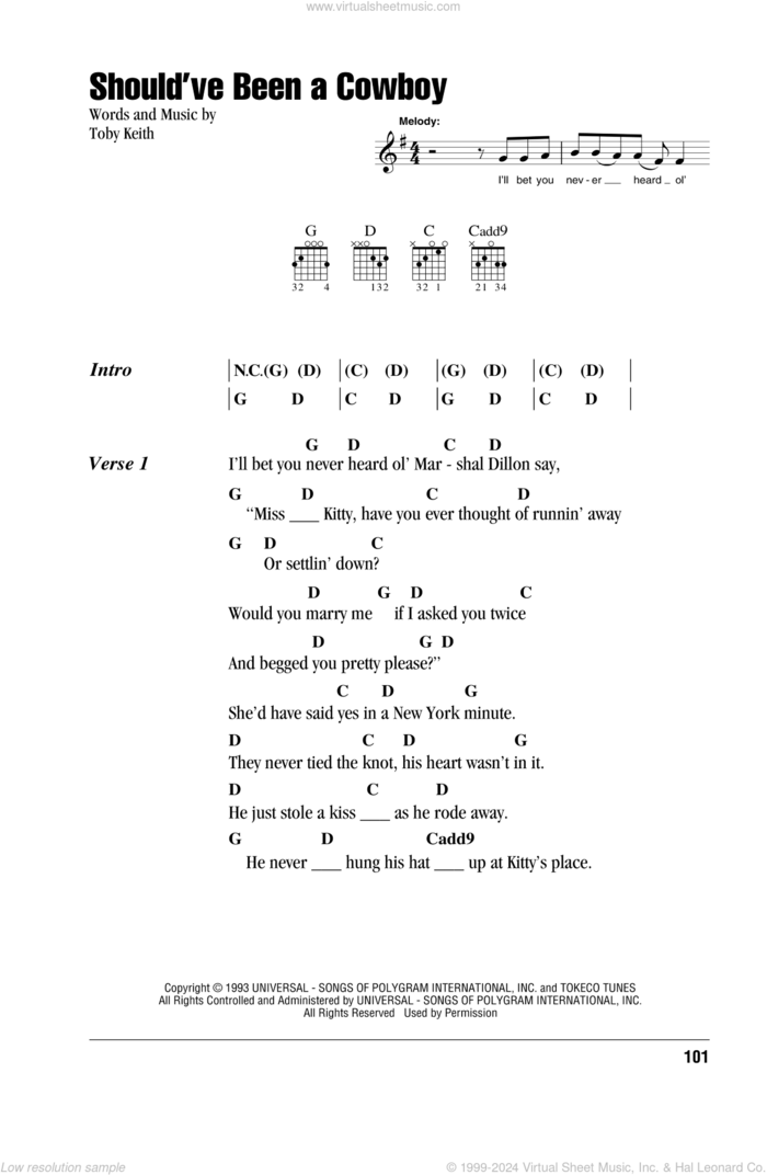 Should've Been A Cowboy sheet music for guitar (chords) by Toby Keith, intermediate skill level