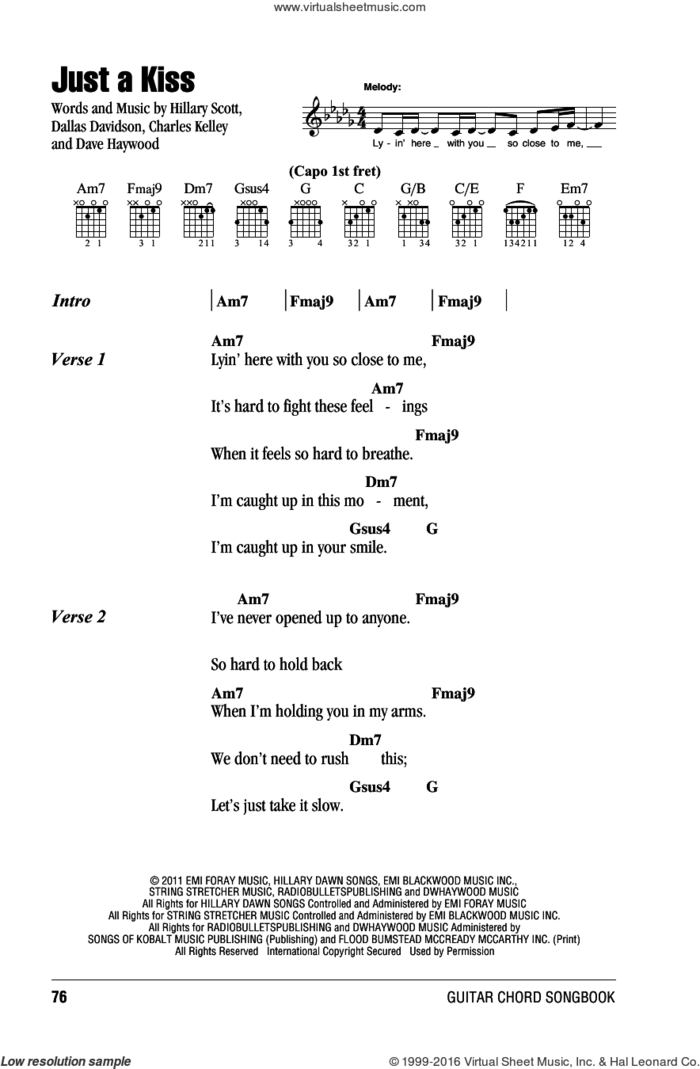 Just A Kiss sheet music for guitar (chords) by Lady Antebellum, Lady A, Charles Kelley, Dallas Davidson, Dave Haywood and Hillary Scott, intermediate skill level