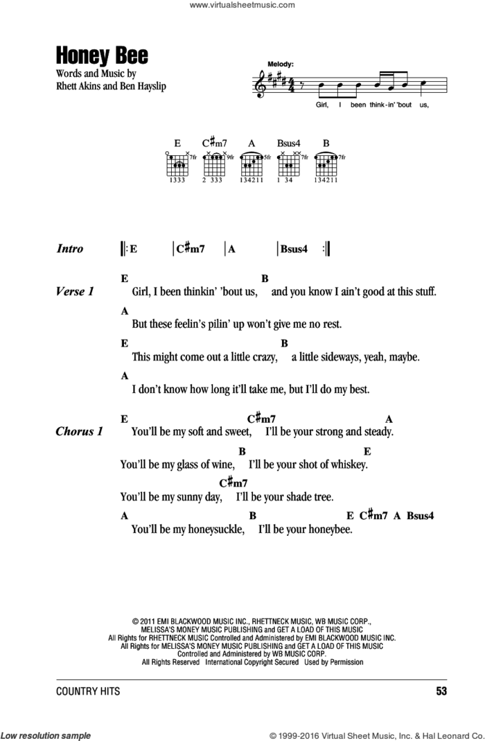 Honey Bee sheet music for guitar (chords) by Blake Shelton, Ben Hayslip and Rhett Akins, intermediate skill level