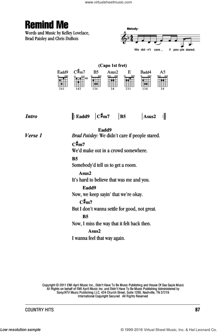 Remind Me sheet music for guitar (chords) by Brad Paisley Duet With Carrie Underwood, Brad Paisley, Chris DuBois and Kelley Lovelace, intermediate skill level