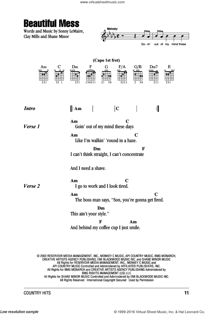 Beautiful Mess sheet music for guitar (chords) by Diamond Rio, Clay Mills, Shane Minor and Sonny LeMaire, intermediate skill level
