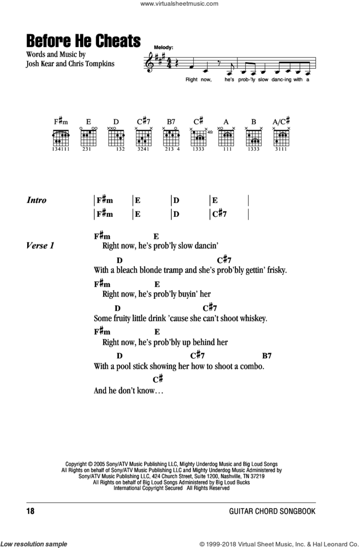 Before He Cheats sheet music for guitar (chords) by Carrie Underwood, Chris Tompkins and Josh Kear, intermediate skill level
