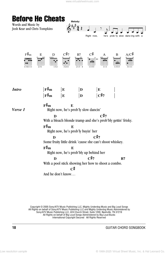 Before He Cheats sheet music for guitar (chords) by Carrie Underwood, Chris Tompkins and Josh Kear, intermediate skill level