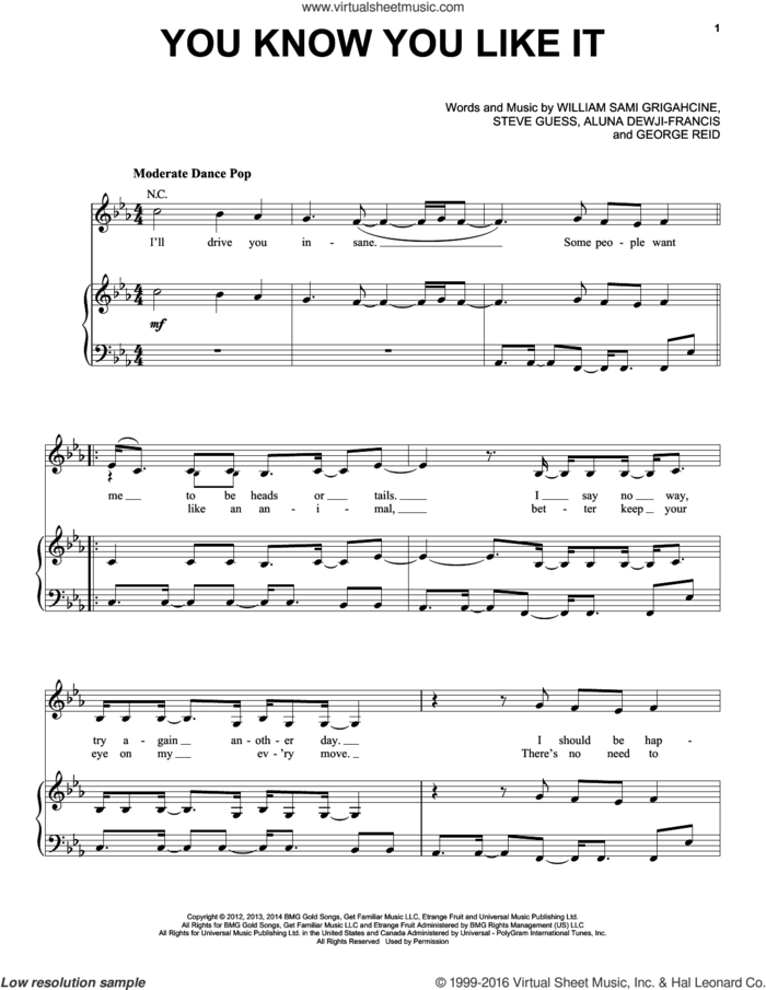 You Know You Like It sheet music for voice, piano or guitar by DJ Snake & AlunaGeorge, Aluna Dewji-Francis, George Reid, Martin Bresso, Steve Guess and William Sami Grigahcine, intermediate skill level