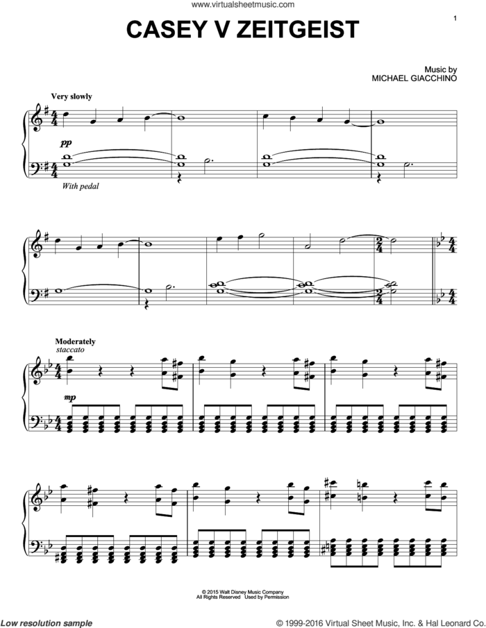 Casey V Zeitgeist sheet music for piano solo by Michael Giacchino, intermediate skill level
