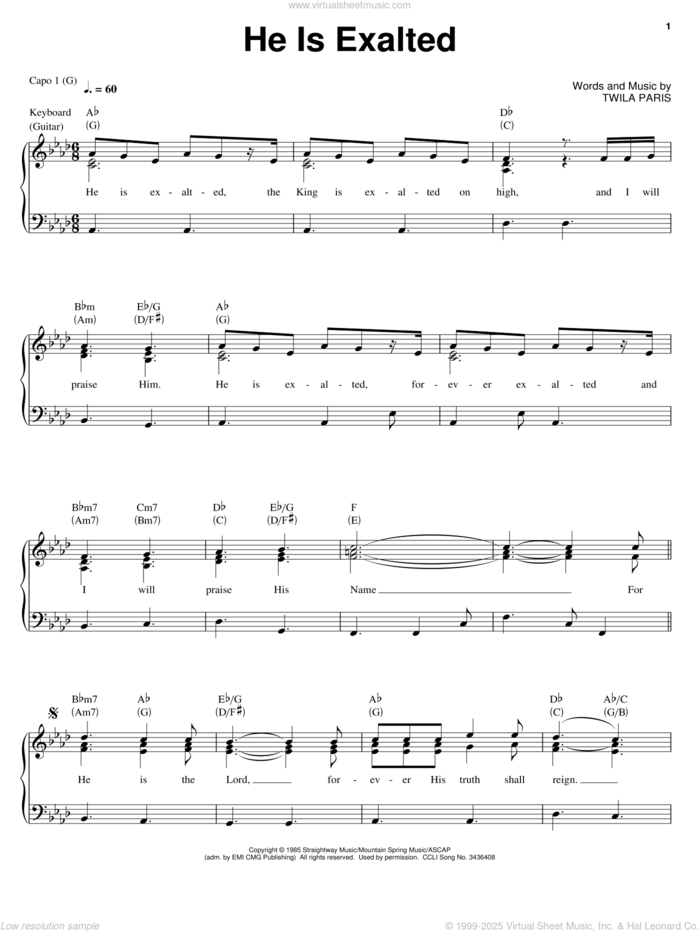 He Is Exalted sheet music for voice, piano or guitar by Twila Paris, intermediate skill level