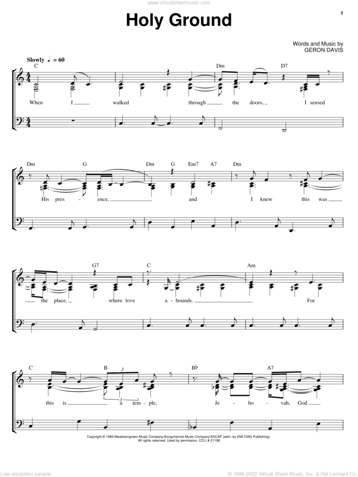 Holy Ground sheet music for voice, piano or guitar by Geron Davis, wedding score, intermediate skill level
