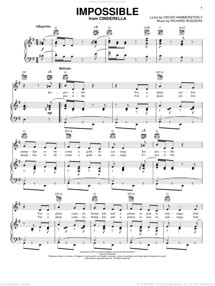 Impossible (from Cinderella) sheet music for voice, piano or guitar by Rodgers & Hammerstein, Cinderella (Musical), Oscar II Hammerstein and Richard Rodgers, intermediate skill level